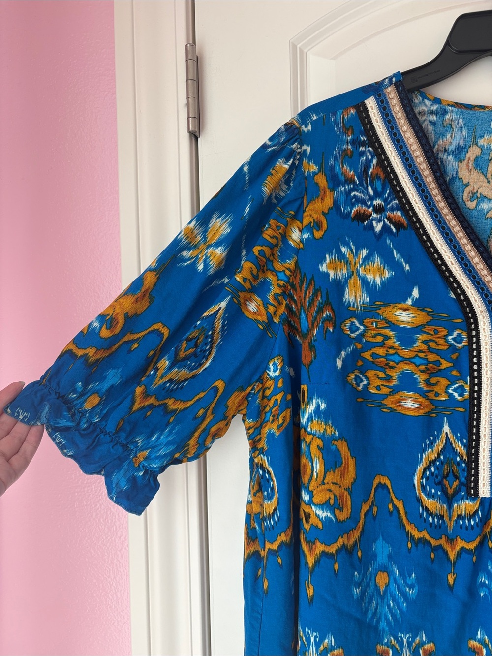 Cato Blue and Mustard Short Sleeve Blouse - Picture 6 of 11